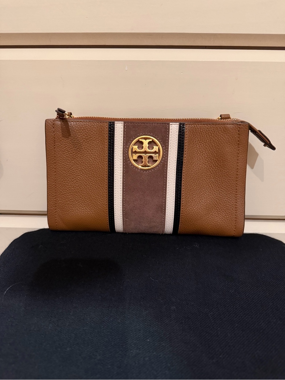 Tory Burch Carson Stripe Suede & Leather Crossbody Clutch